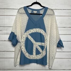 POL Boho Peace Sign Top Blue Crochet Lace Sleeve Oversized Tunic Size Medium